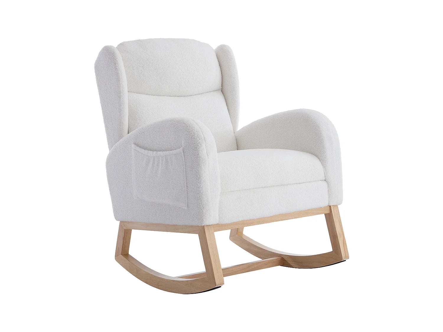 Fauteuil à bascule en tissu teddy, design ergonomique avec repose-pieds réglable, cadre en bois, blanc (122.5x70x104cm)