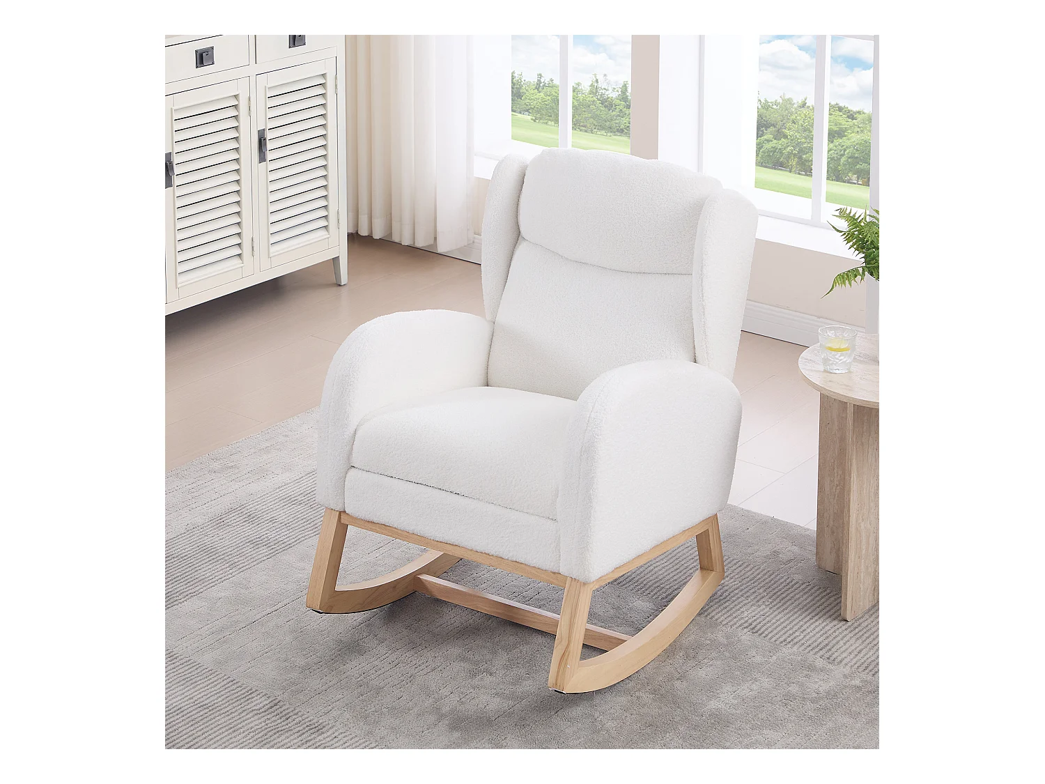 Fauteuil à bascule en tissu teddy, design ergonomique avec repose-pieds réglable, cadre en bois, blanc (122.5x70x104cm)