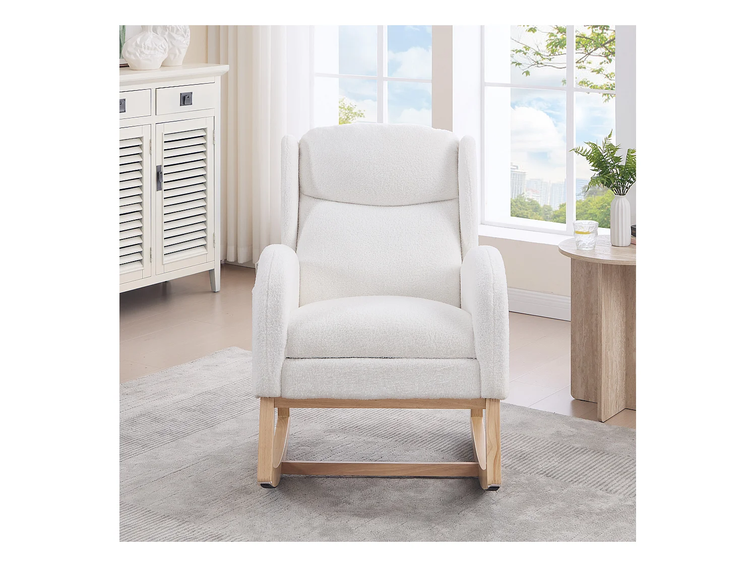 Fauteuil à bascule en tissu teddy, design ergonomique avec repose-pieds réglable, cadre en bois, blanc (122.5x70x104cm)