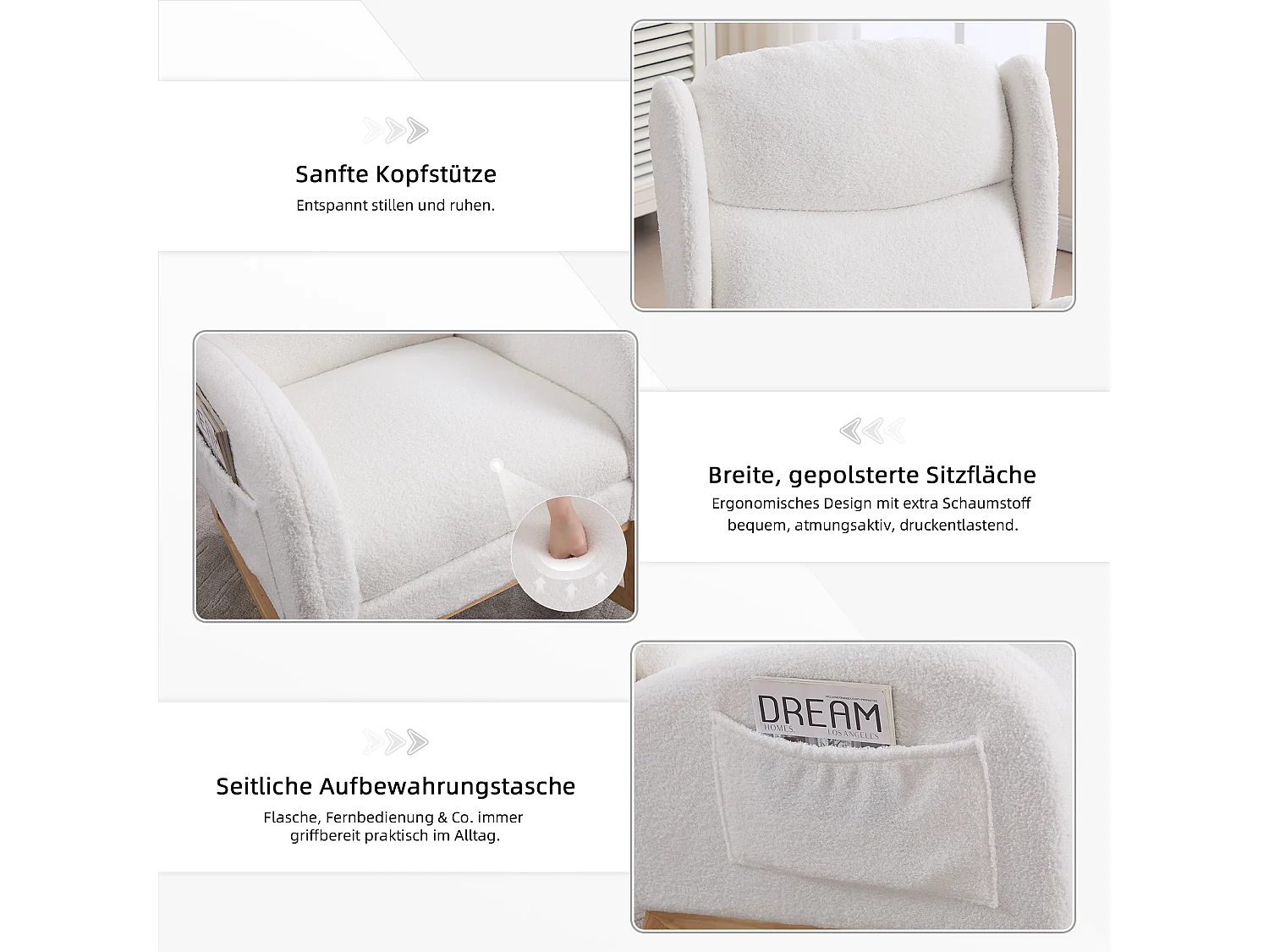 Fauteuil à bascule en tissu teddy, design ergonomique avec repose-pieds réglable, cadre en bois, blanc (122.5x70x104cm)