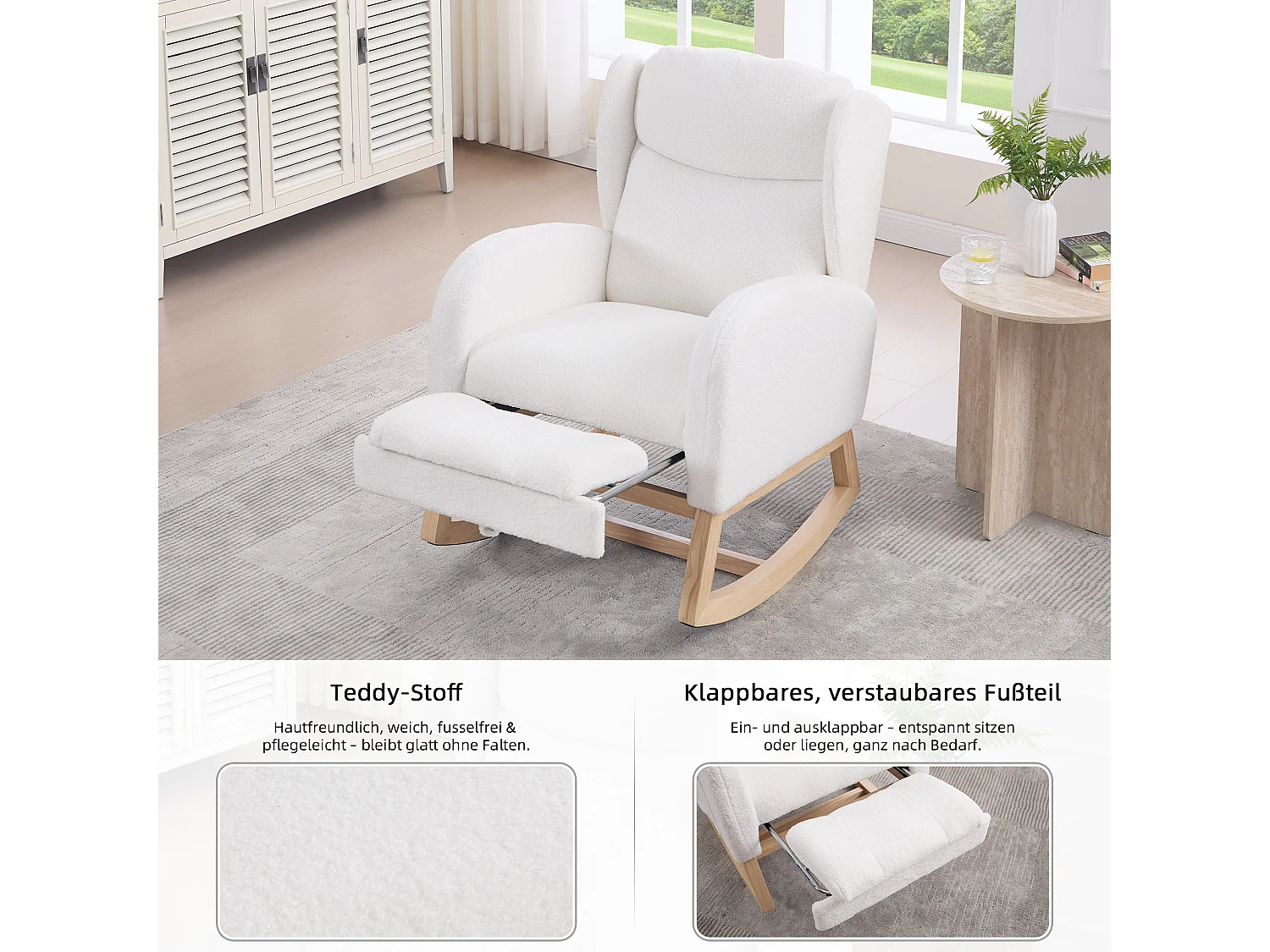 Fauteuil à bascule en tissu teddy, design ergonomique avec repose-pieds réglable, cadre en bois, blanc (122.5x70x104cm)