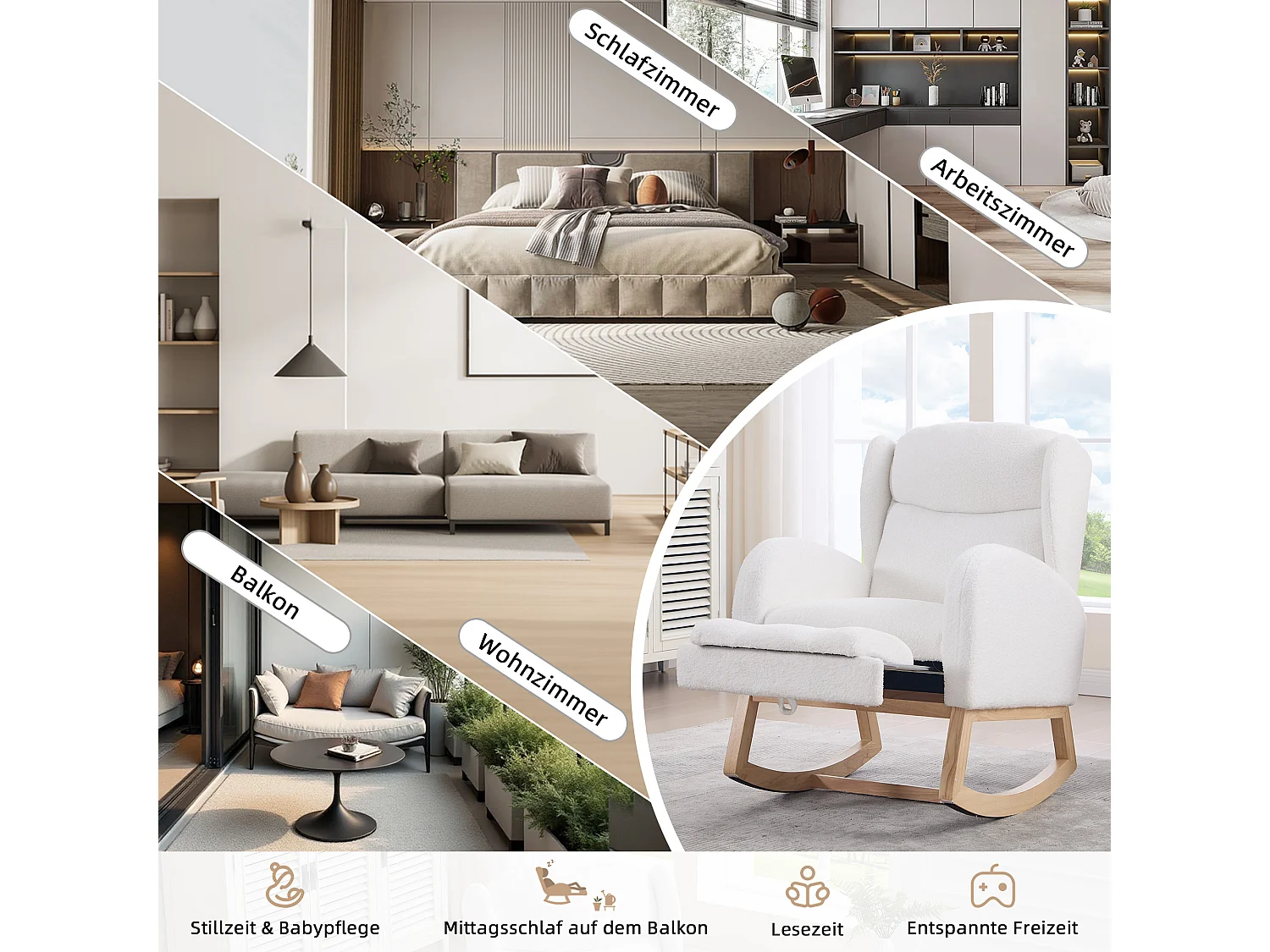 Fauteuil à bascule en tissu teddy, design ergonomique avec repose-pieds réglable, cadre en bois, blanc (122.5x70x104cm)