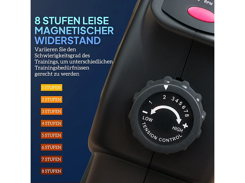 Mini pédalier d'entraînement silencieux avec résistance magnétique 8 niveaux, acier, noir (58x48x37cm)