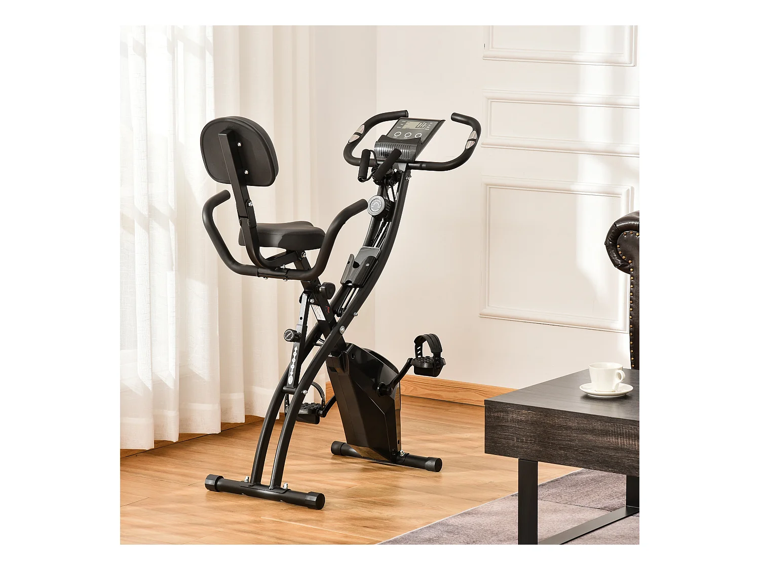 Vélo d'appartement pliable 2-en-1, résistance magnétique 8 niveaux, acier, noir (105x48x118 cm)