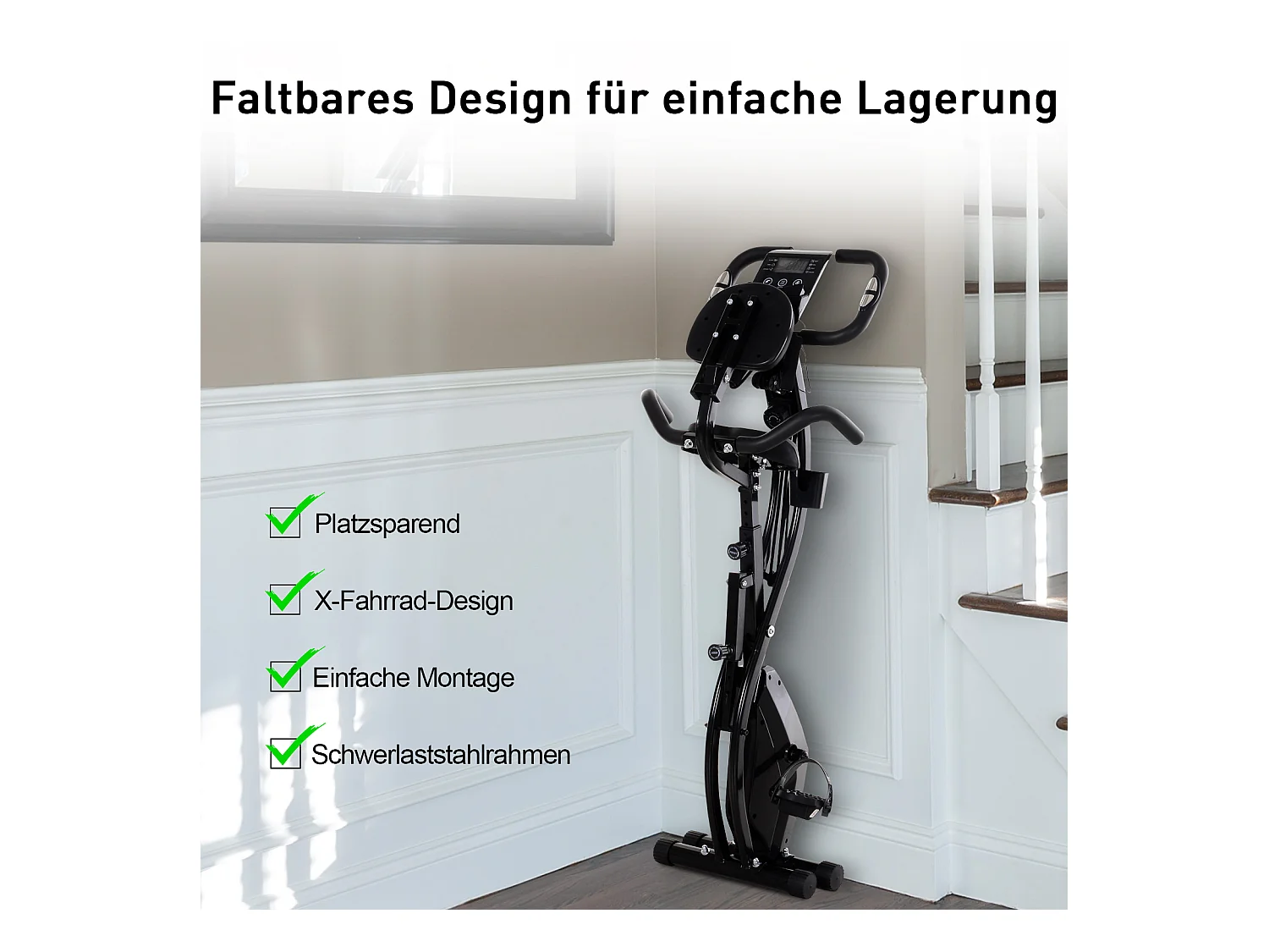 Vélo d'appartement pliable 2-en-1, résistance magnétique 8 niveaux, acier, noir (105x48x118 cm)