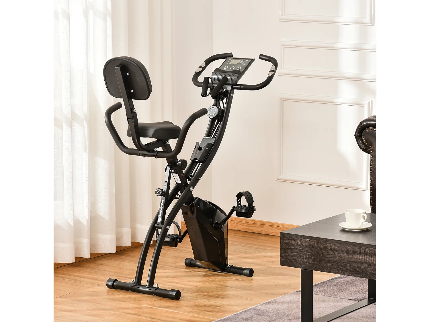 Vélo d'appartement pliable 2-en-1, résistance magnétique 8 niveaux, acier, noir (105x48x118 cm)