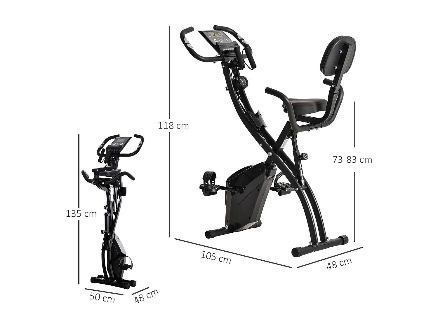 Vélo d'appartement pliable 2-en-1, résistance magnétique 8 niveaux, acier, noir (105x48x118 cm)