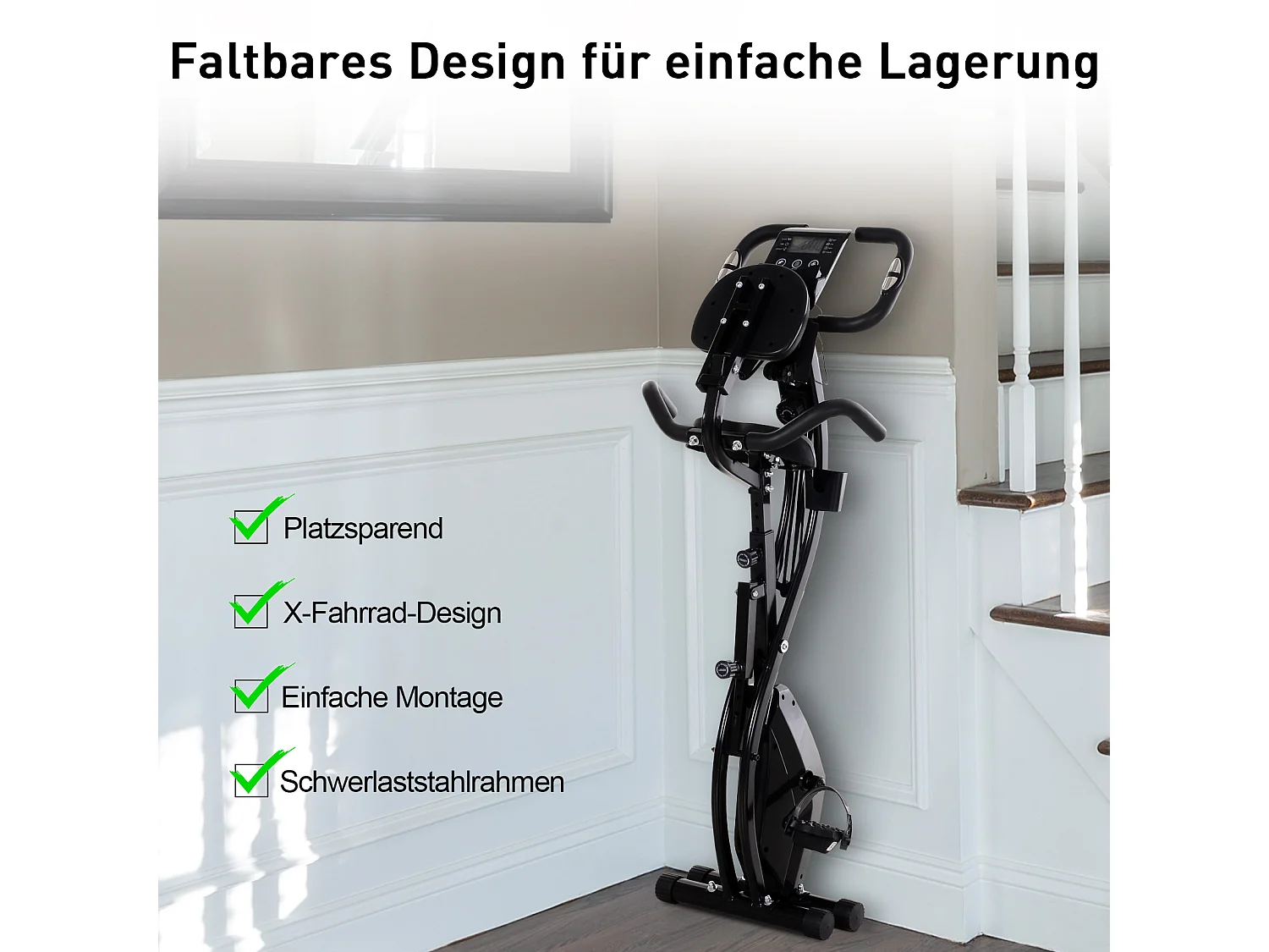 Vélo d'appartement pliable 2-en-1, résistance magnétique 8 niveaux, acier, noir (105x48x118 cm)