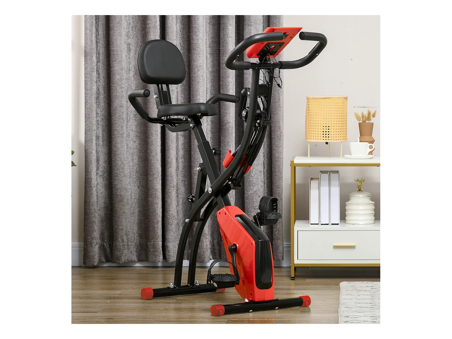Vélo d'appartement pliable 2-en-1 avec écran LCD et résistance magnétique 8 niveaux, acier, rouge (105x48x118 cm)