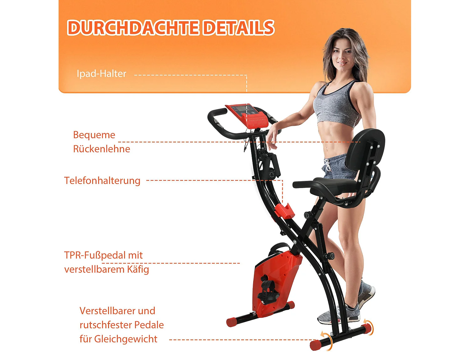 Vélo d'appartement pliable 2-en-1 avec écran LCD et résistance magnétique 8 niveaux, acier, rouge (105x48x118 cm)