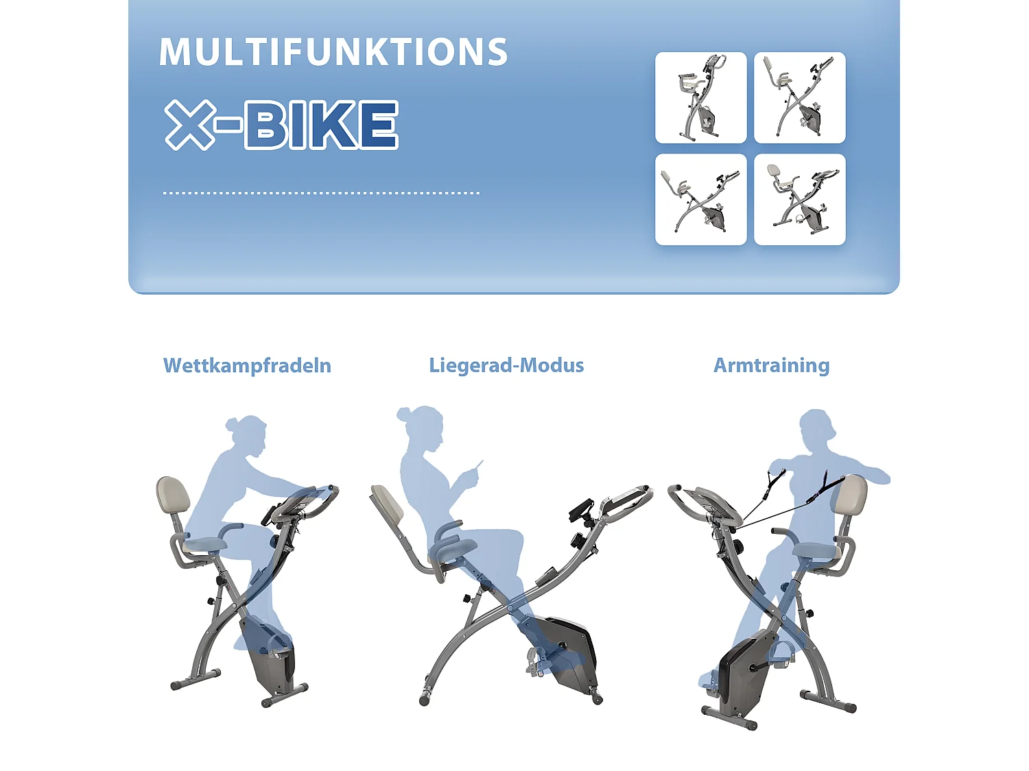 Vélo d'appartement pliable 2-en-1 avec écran LCD, résistance magnétique 8 niveaux, acier, gris (105x48x118 cm)