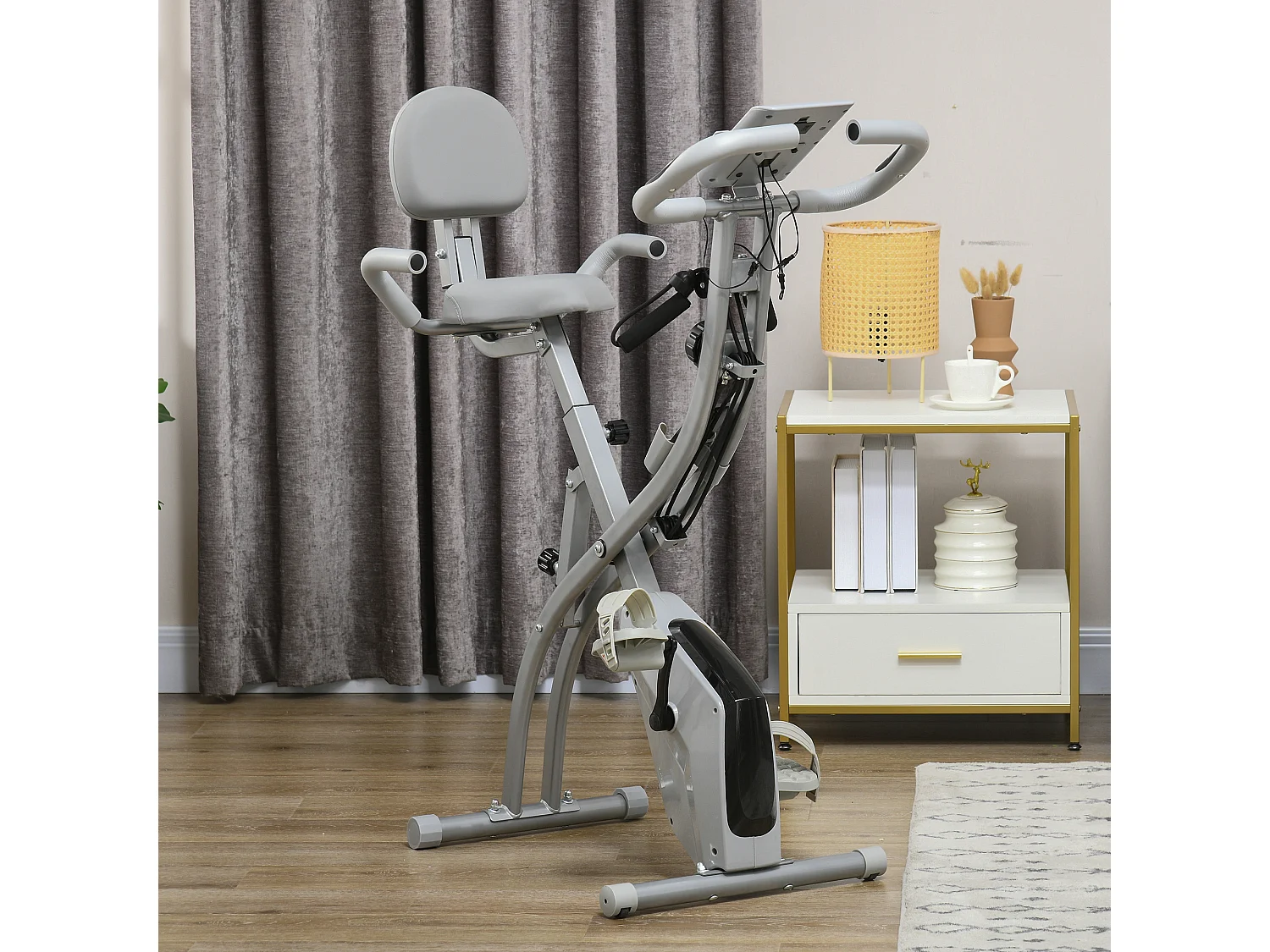 Vélo d'appartement pliable 2-en-1 avec écran LCD, résistance magnétique 8 niveaux, acier, gris (105x48x118 cm)