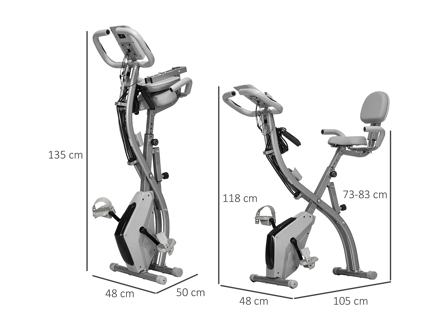 Vélo d'appartement pliable 2-en-1 avec écran LCD, résistance magnétique 8 niveaux, acier, gris (105x48x118 cm)