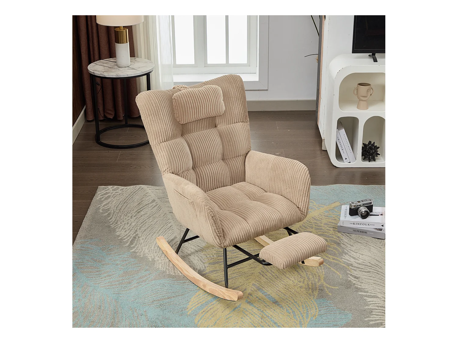 Corduroy schommelstoel, modern design met hoge gewatteerde rugleuning en hoofdsteun, kleur bruin (102x65x92cm)