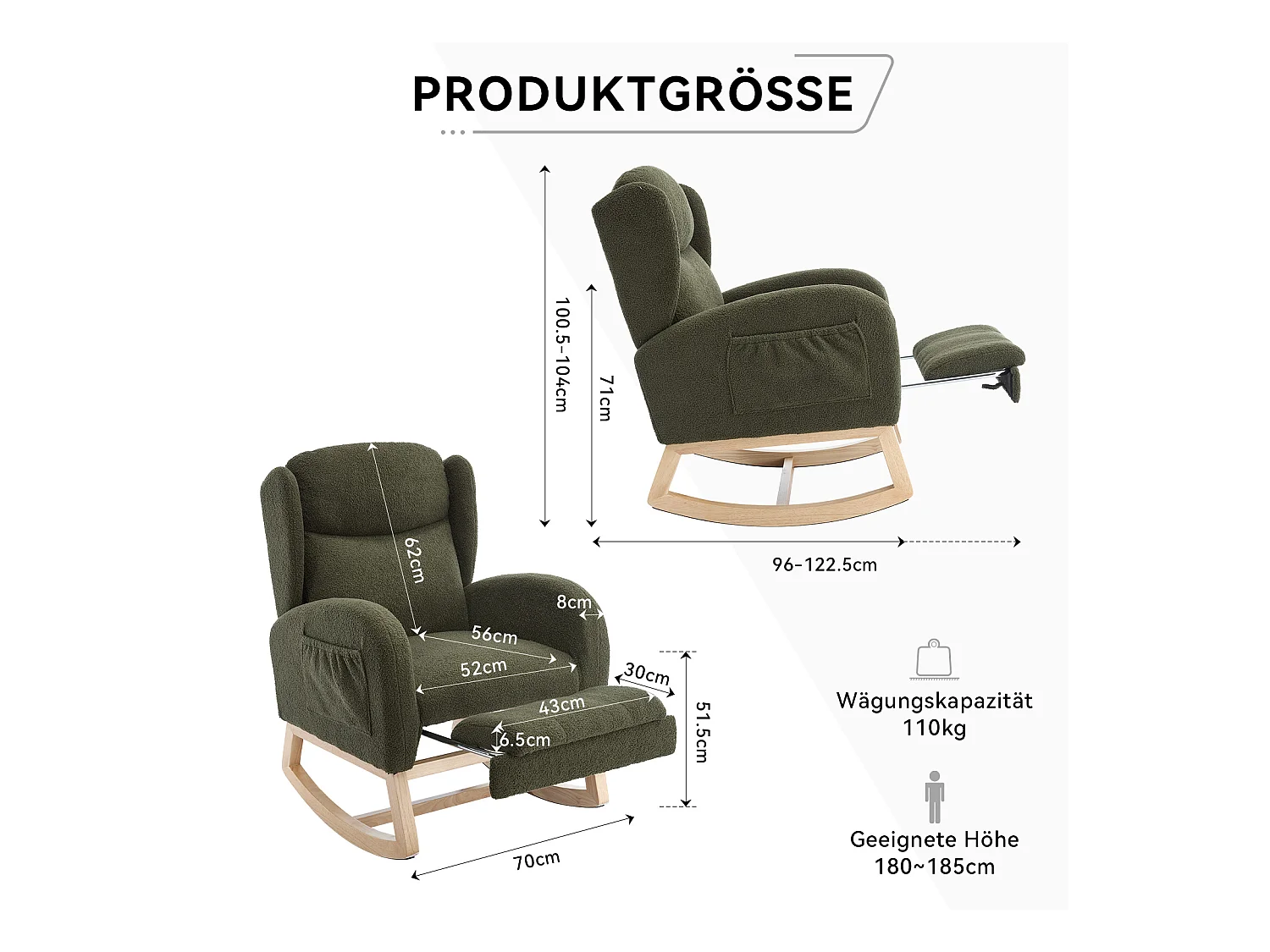 Fauteuil à bascule avec repose-pieds réglable, design ergonomique, tissu teddy, vert (122.5x70x104cm)