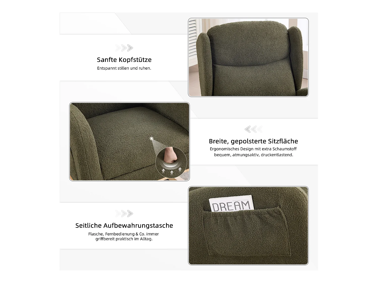 Fauteuil à bascule avec repose-pieds réglable, design ergonomique, tissu teddy, vert (122.5x70x104cm)