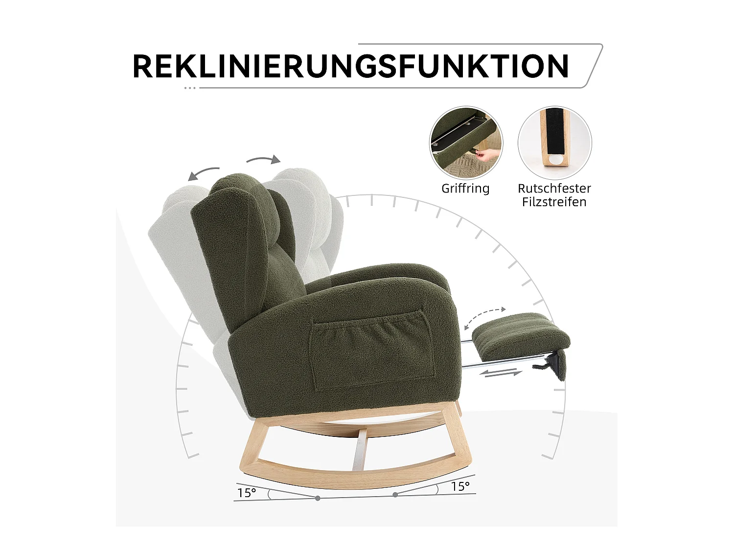 Fauteuil à bascule avec repose-pieds réglable, design ergonomique, tissu teddy, vert (122.5x70x104cm)