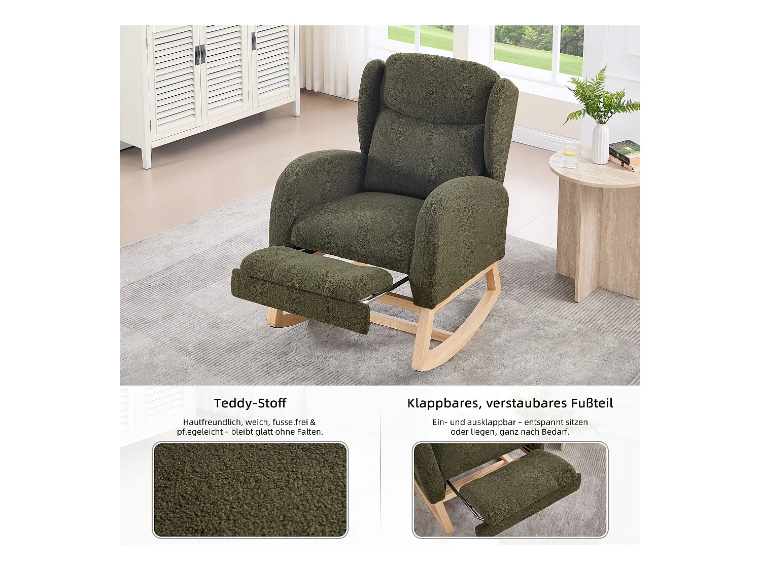 Fauteuil à bascule avec repose-pieds réglable, design ergonomique, tissu teddy, vert (122.5x70x104cm)