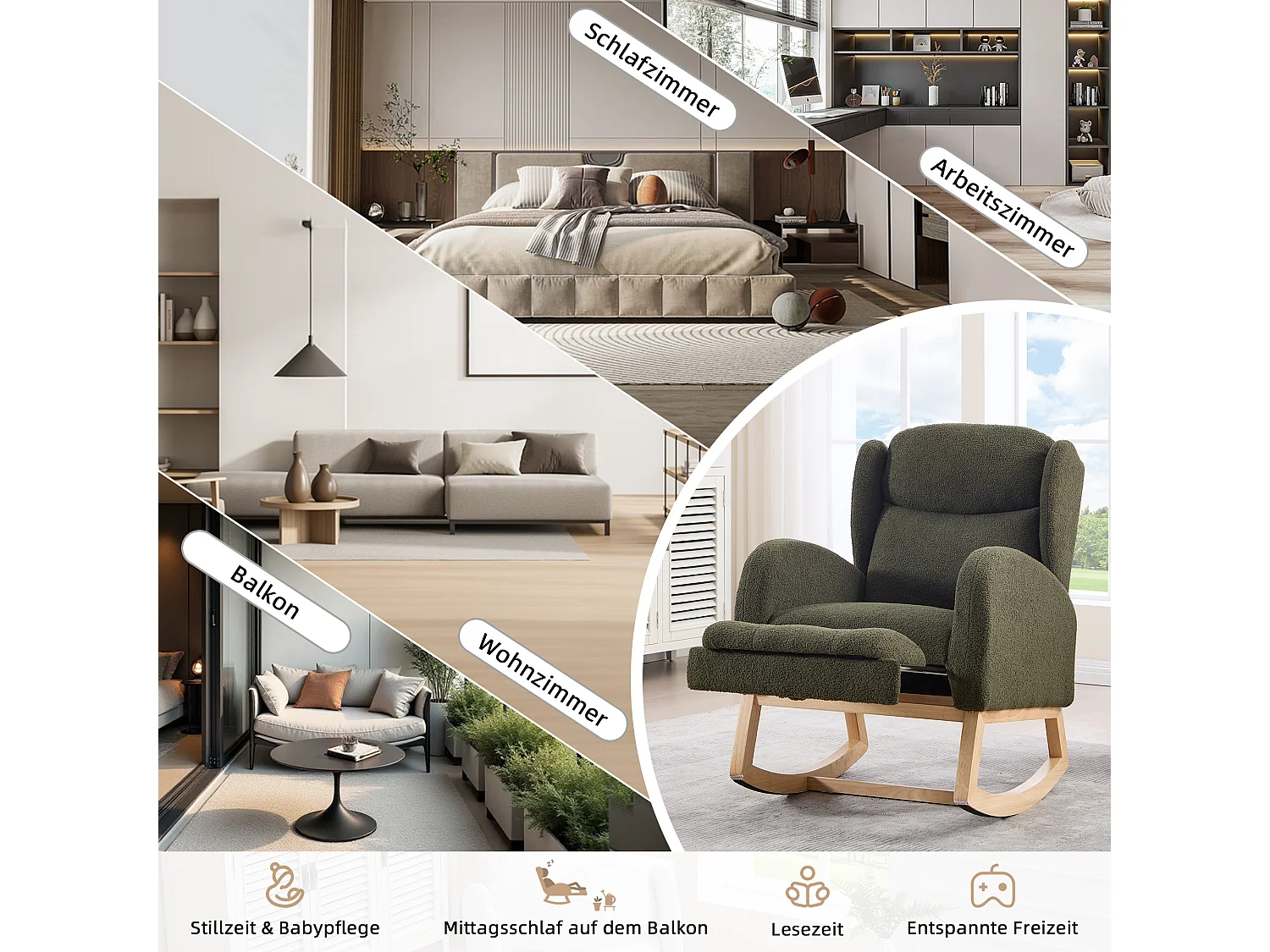 Fauteuil à bascule avec repose-pieds réglable, design ergonomique, tissu teddy, vert (122.5x70x104cm)