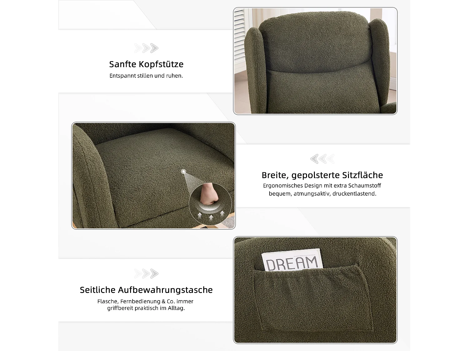 Fauteuil à bascule avec repose-pieds réglable, design ergonomique, tissu teddy, vert (122.5x70x104cm)