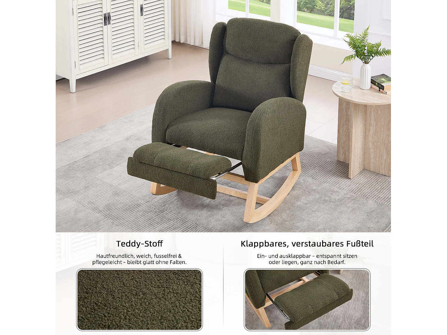 Fauteuil à bascule avec repose-pieds réglable, design ergonomique, tissu teddy, vert (122.5x70x104cm)