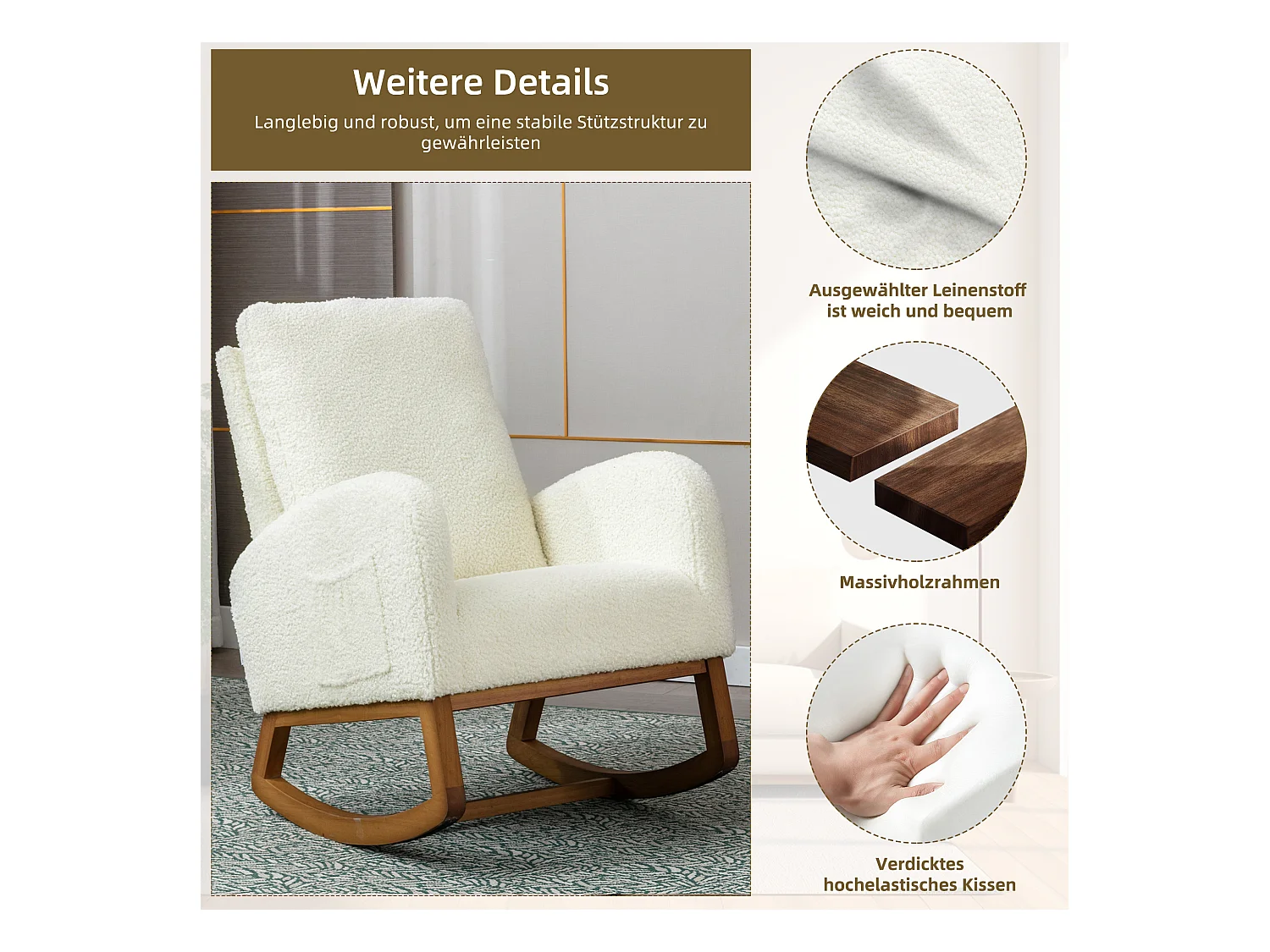 Fauteuil à bascule moderne, design élégant, dossier haut rembourré, tissu teddy, blanc (69x94x101 cm)