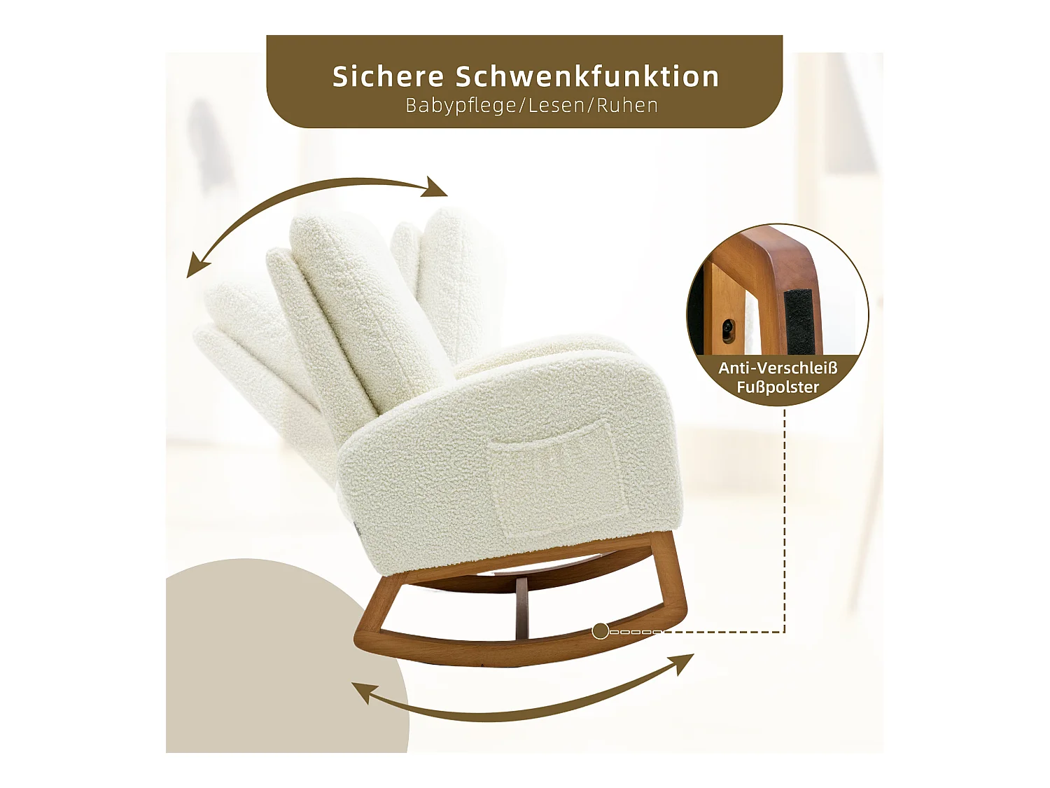 Fauteuil à bascule moderne, design élégant, dossier haut rembourré, tissu teddy, blanc (69x94x101 cm)