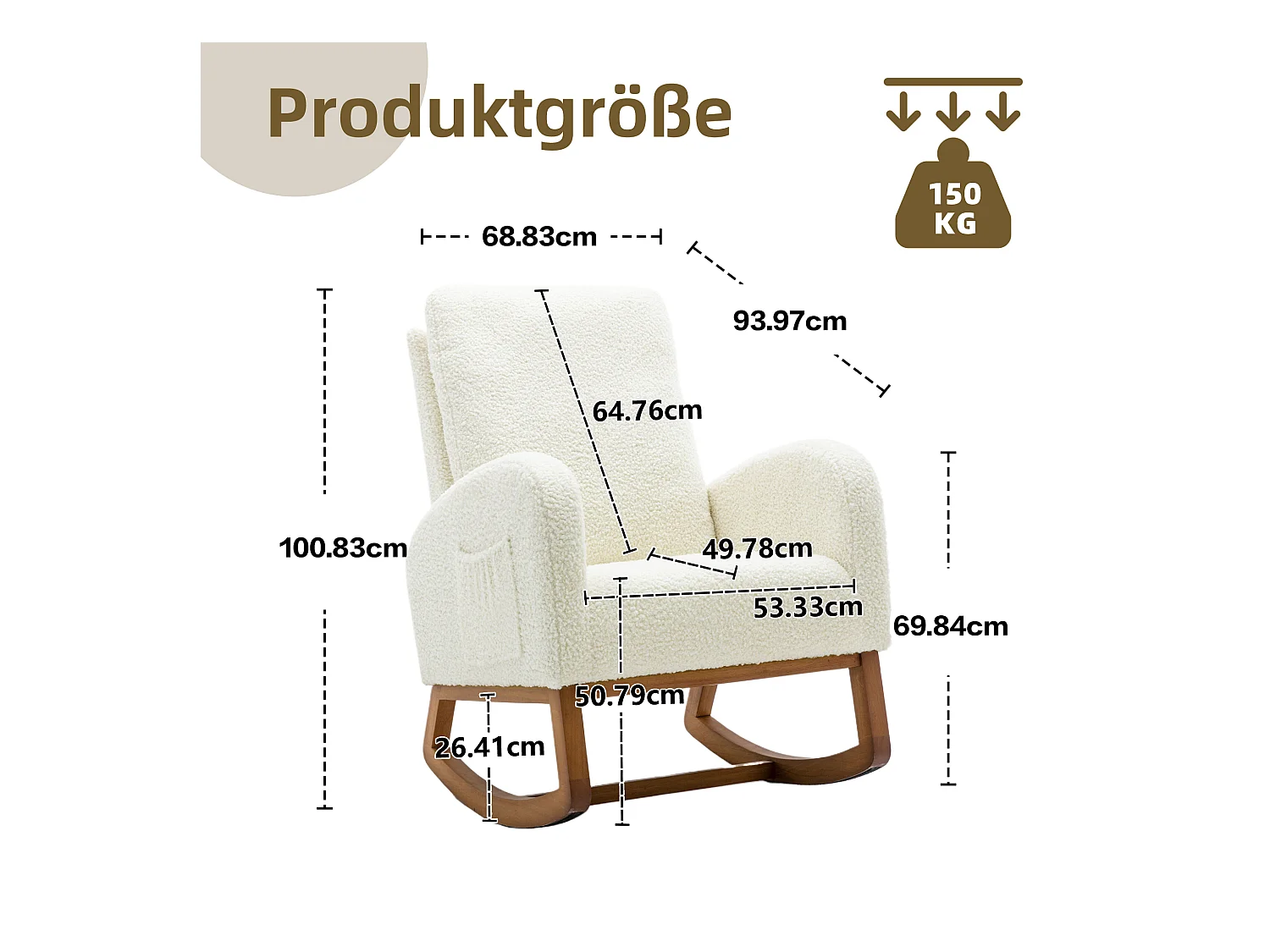 Fauteuil à bascule moderne, design élégant, dossier haut rembourré, tissu teddy, blanc (69x94x101 cm)