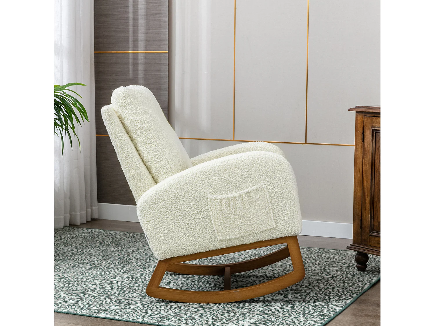 Fauteuil à bascule moderne, design élégant, dossier haut rembourré, tissu teddy, blanc (69x94x101 cm)