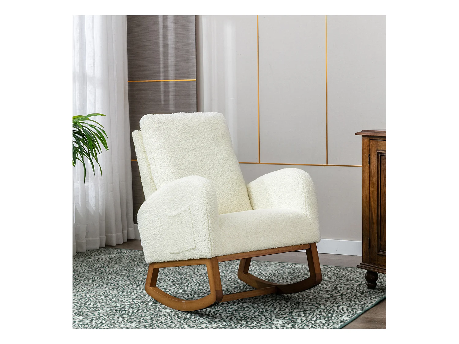 Sedia a dondolo moderna, design elegante, schienale alto imbottito, tessuto teddy, bianco (69x94x101 cm)