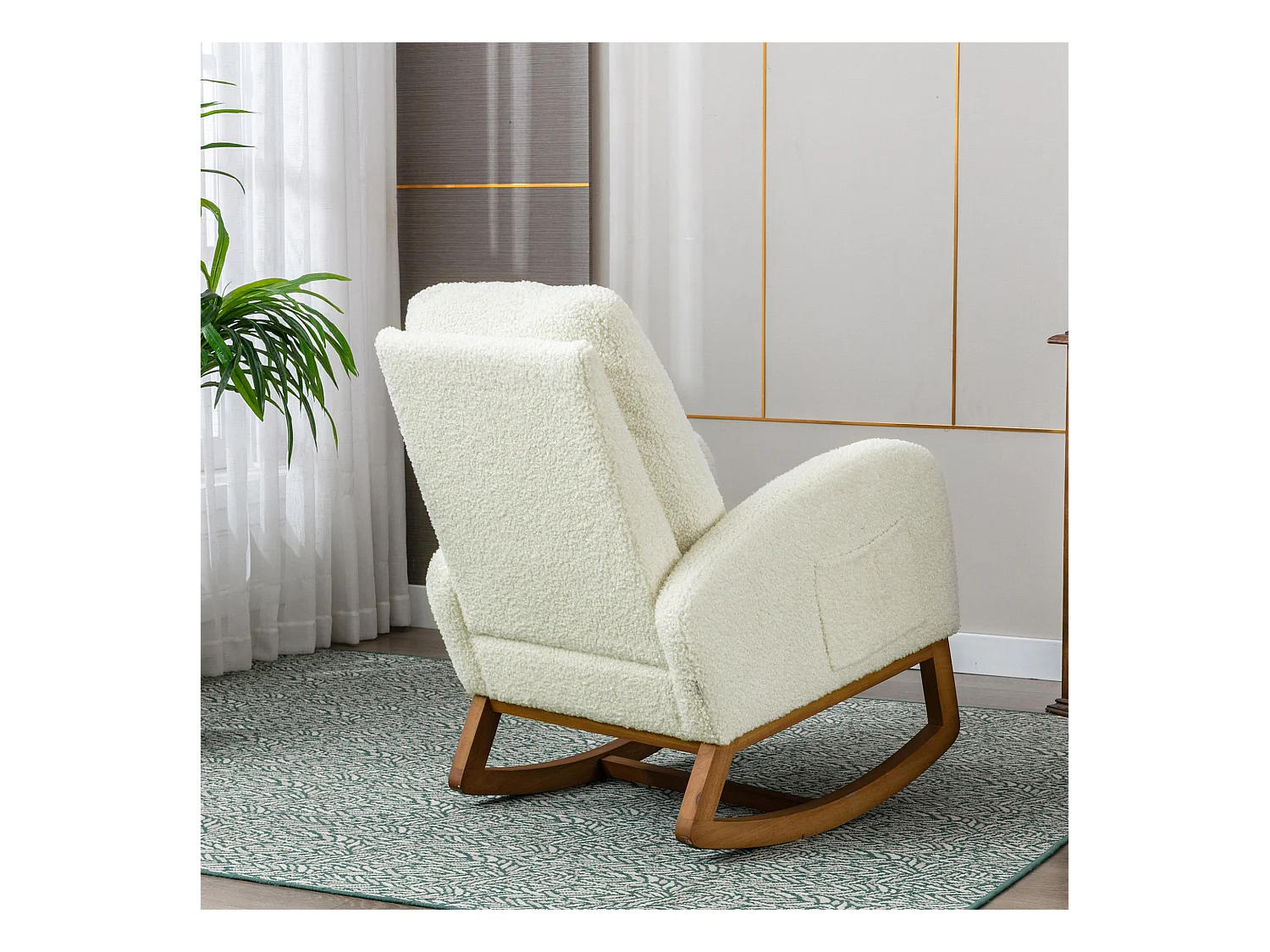Fauteuil à bascule moderne, design élégant, dossier haut rembourré, tissu teddy, blanc (69x94x101 cm)