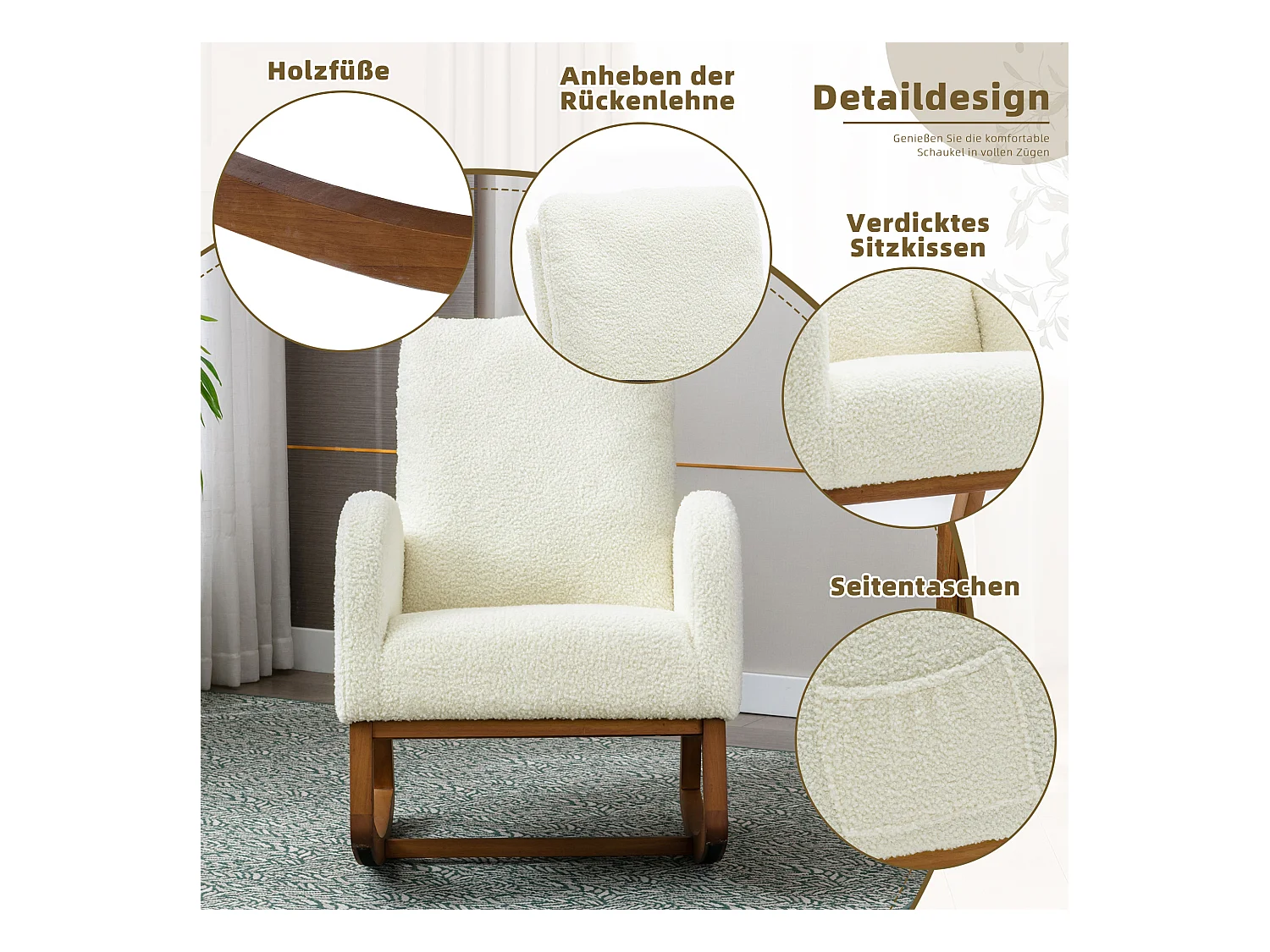 Fauteuil à bascule moderne, design élégant, dossier haut rembourré, tissu teddy, blanc (69x94x101 cm)