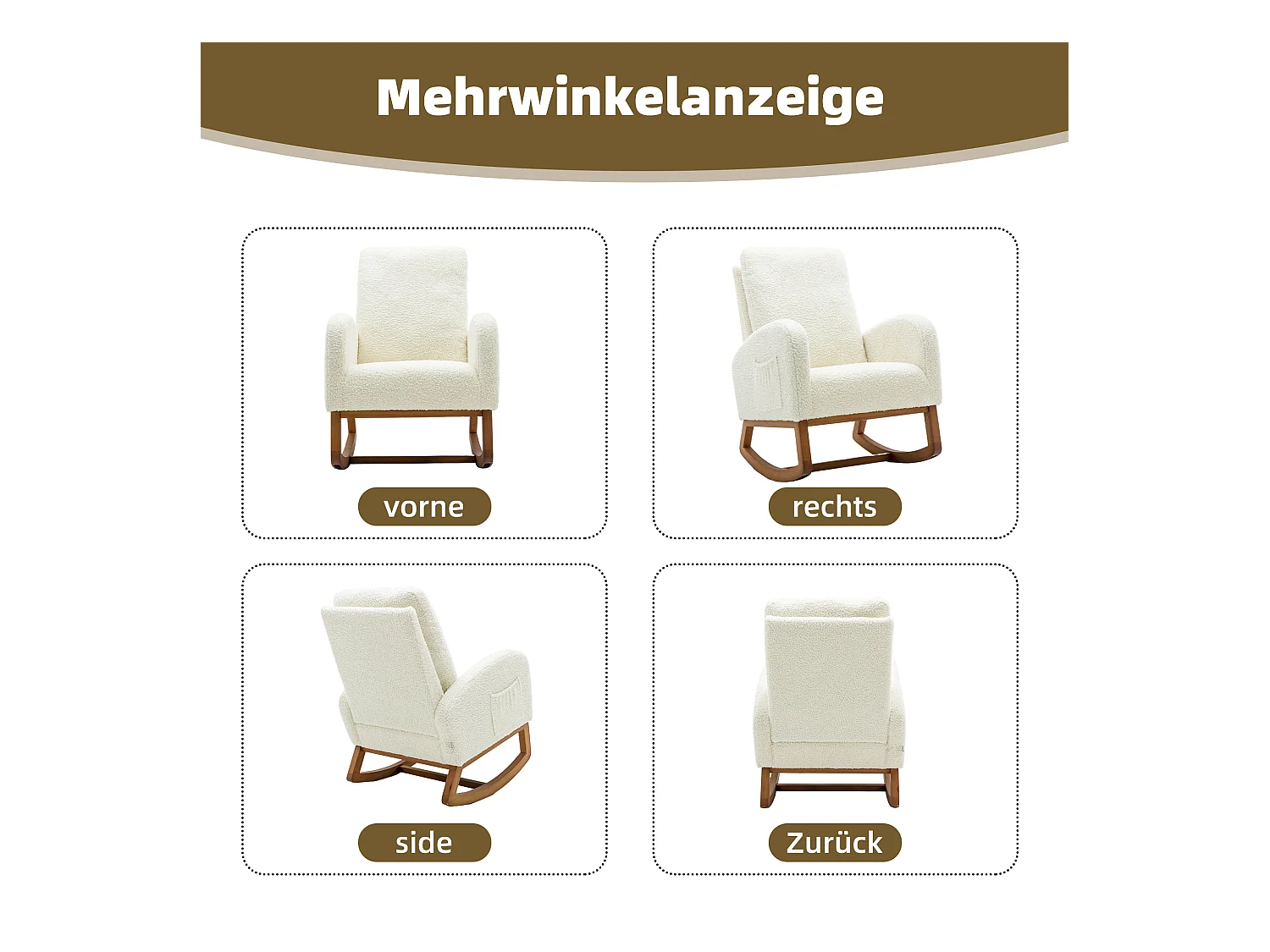 Fauteuil à bascule moderne, design élégant, dossier haut rembourré, tissu teddy, blanc (69x94x101 cm)