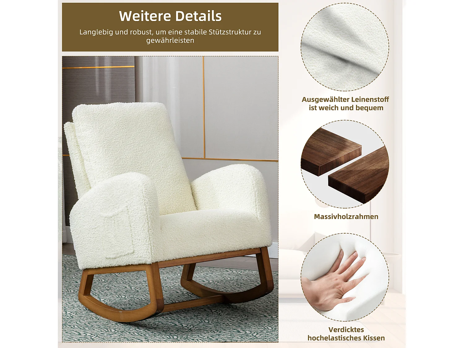 Fauteuil à bascule moderne, design élégant, dossier haut rembourré, tissu teddy, blanc (69x94x101 cm)