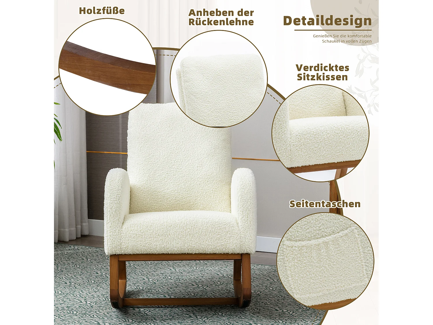 Fauteuil à bascule moderne, design élégant, dossier haut rembourré, tissu teddy, blanc (69x94x101 cm)