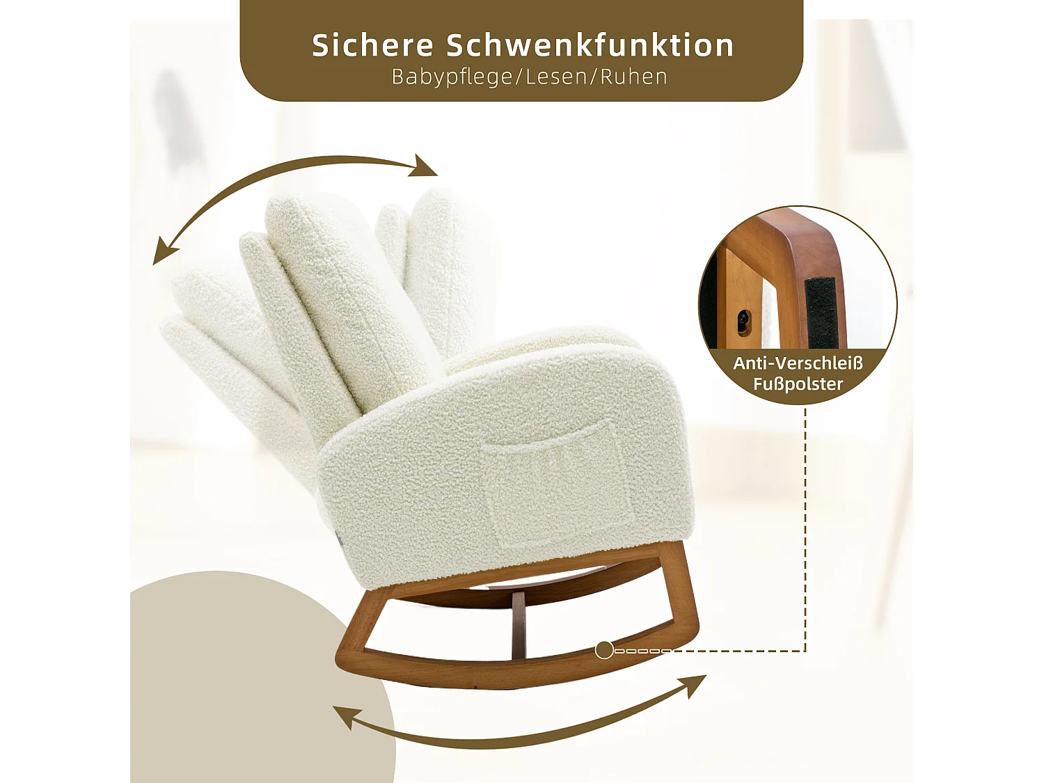 Fauteuil à bascule moderne, design élégant, dossier haut rembourré, tissu teddy, blanc (69x94x101 cm)