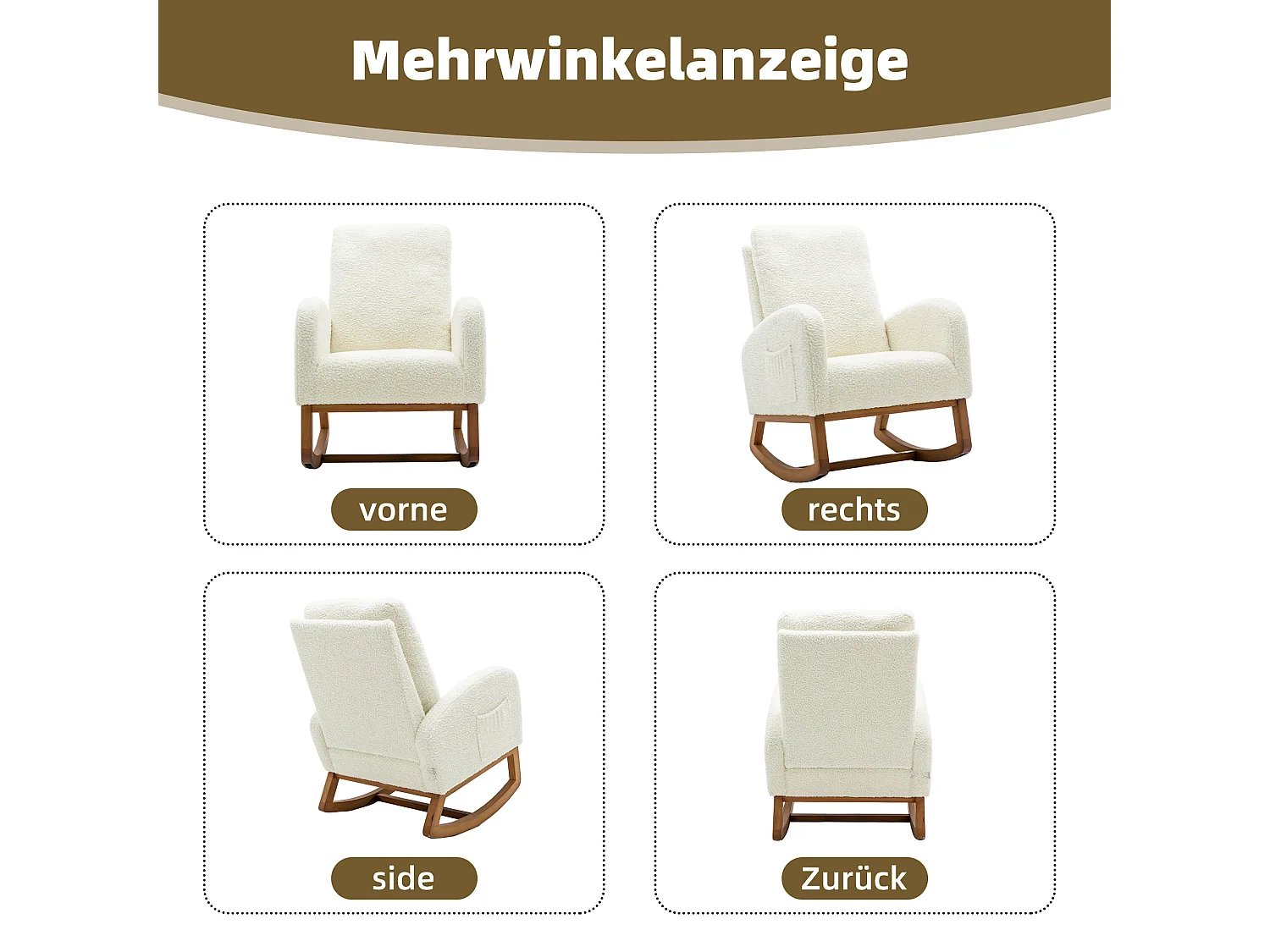 Fauteuil à bascule moderne, design élégant, dossier haut rembourré, tissu teddy, blanc (69x94x101 cm)