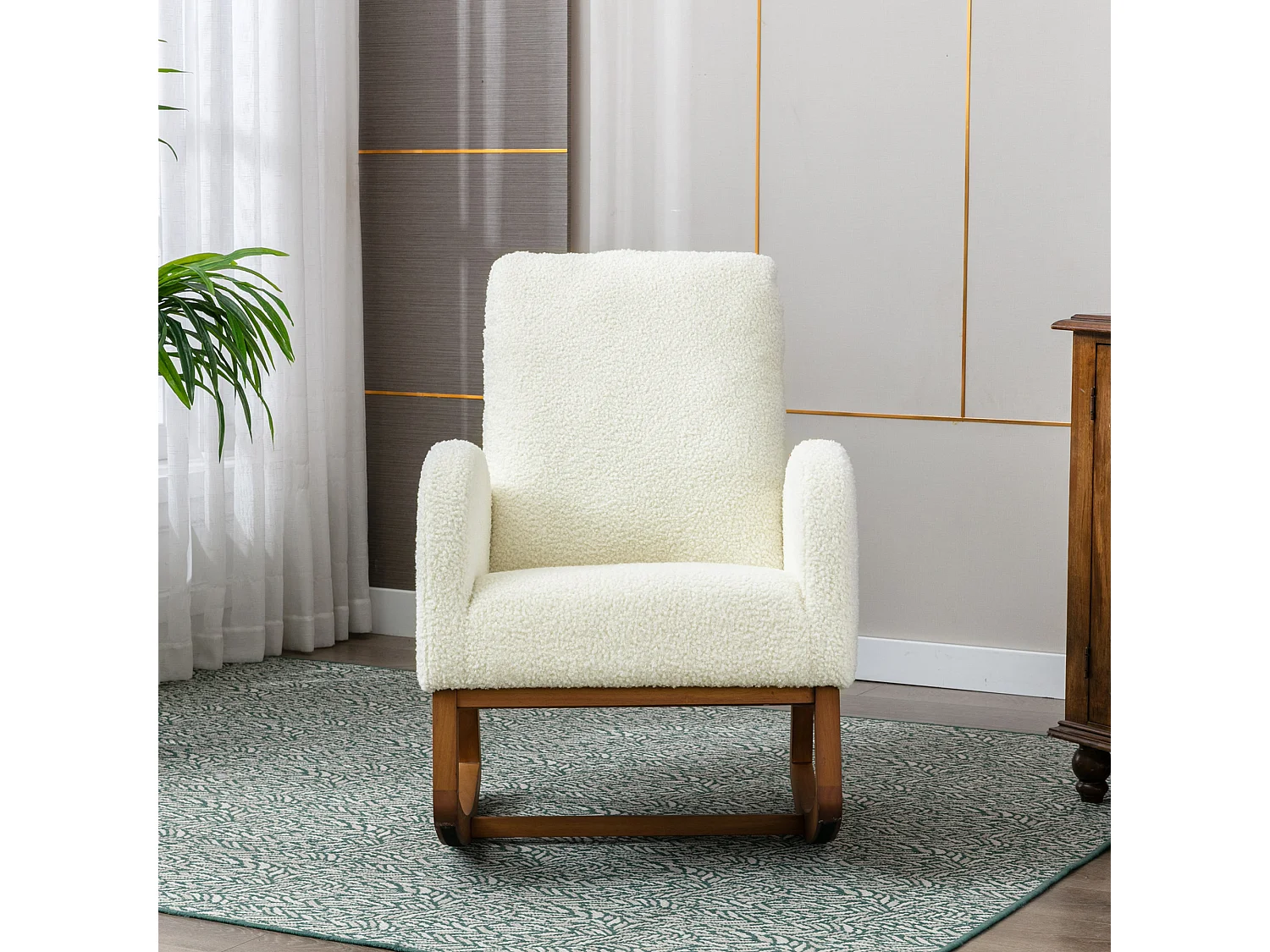 Fauteuil à bascule moderne, design élégant, dossier haut rembourré, tissu teddy, blanc (69x94x101 cm)