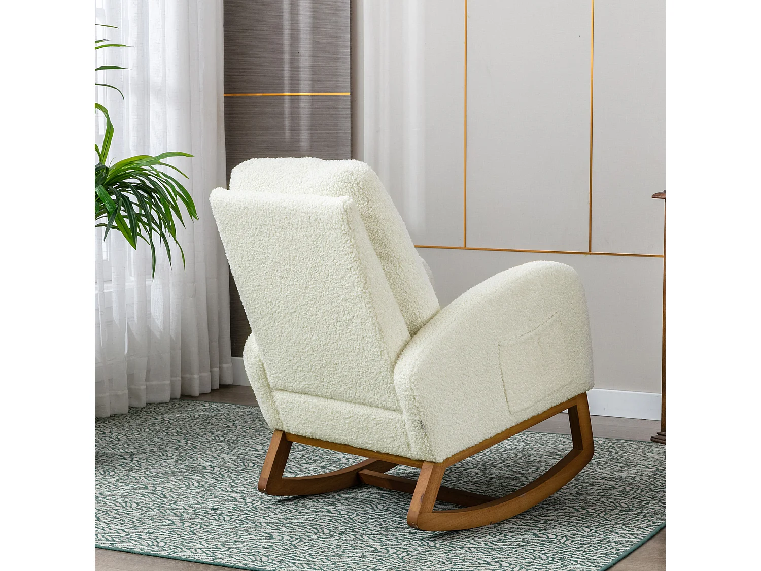 Fauteuil à bascule moderne, design élégant, dossier haut rembourré, tissu teddy, blanc (69x94x101 cm)