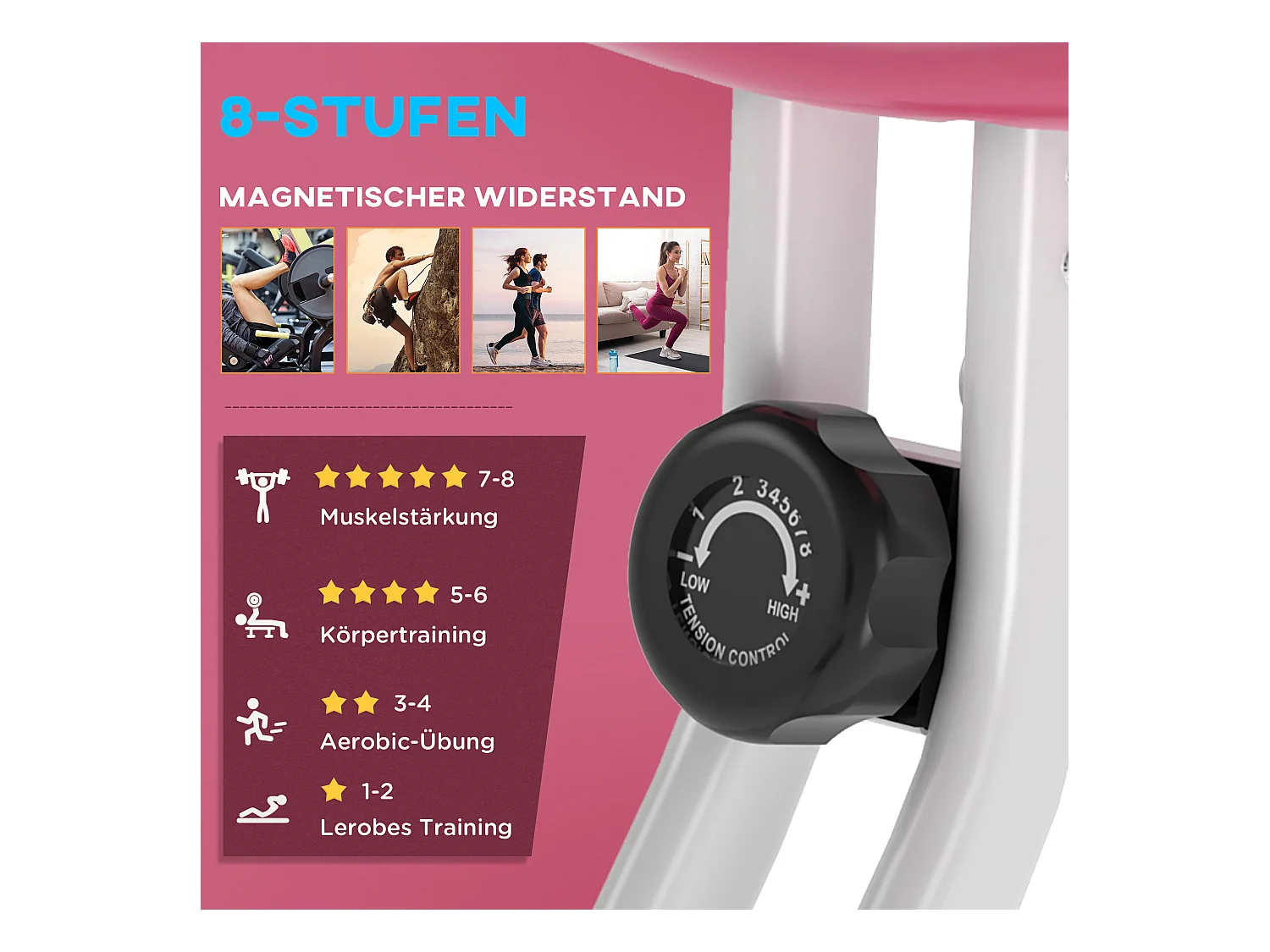 Vélo d'appartement pliable avec résistance magnétique 8 niveaux, réglable en hauteur, acier, rose et blanc (43x97x109 cm)