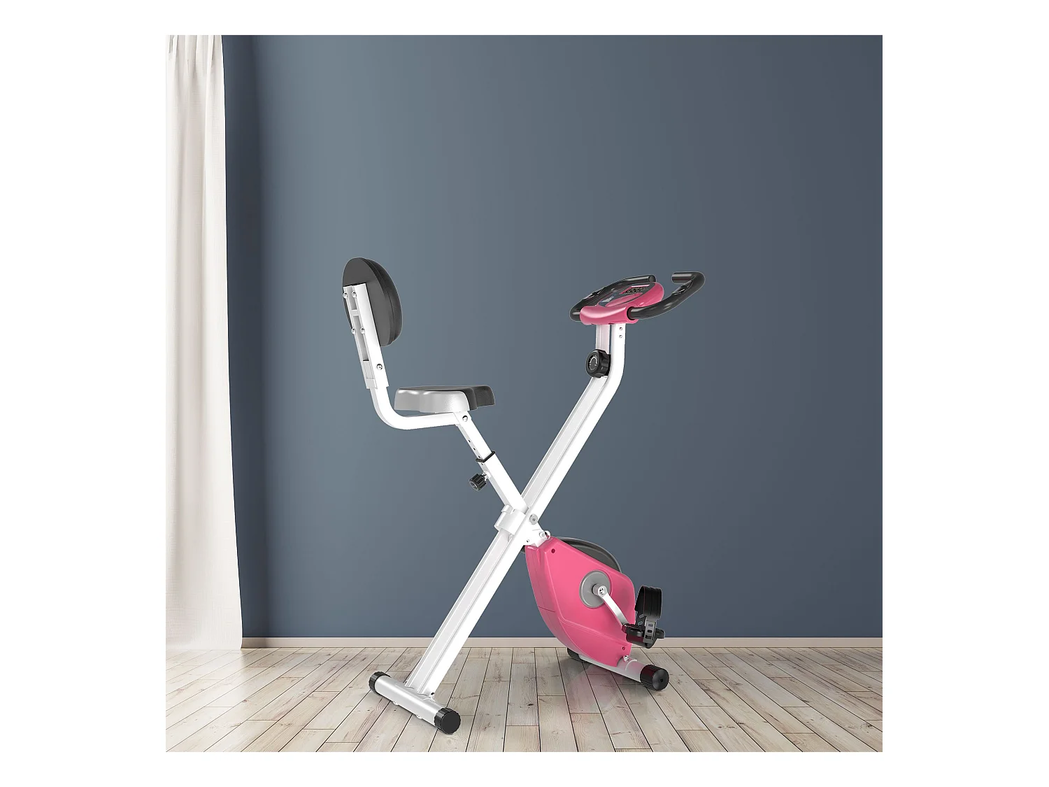Vélo d'appartement pliable avec résistance magnétique 8 niveaux, réglable en hauteur, acier, rose et blanc (43x97x109 cm)