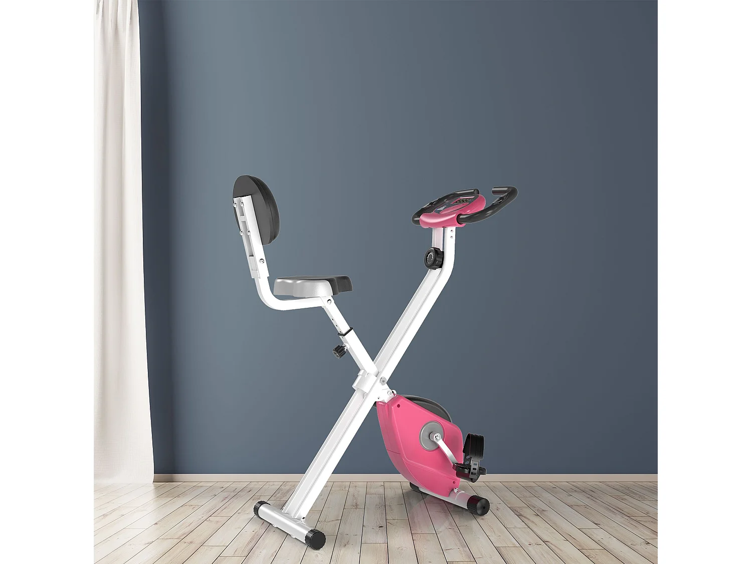 Vélo d'appartement pliable avec résistance magnétique 8 niveaux, réglable en hauteur, acier, rose et blanc (43x97x109 cm)