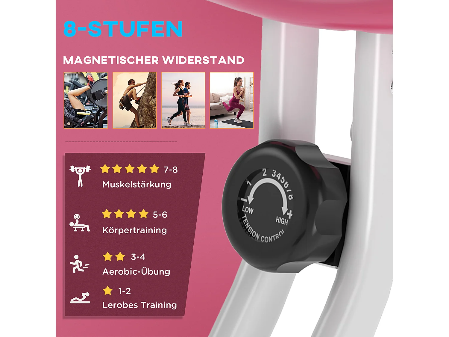 Vélo d'appartement pliable avec résistance magnétique 8 niveaux, réglable en hauteur, acier, rose et blanc (43x97x109 cm)