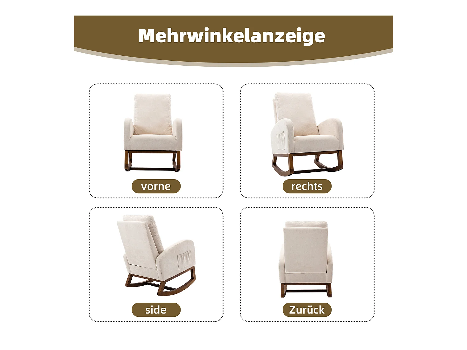 Fauteuil à bascule style Mid-Century, design moderne, tissu lin, beige, dossier haut rembourré (94x69x101 cm)