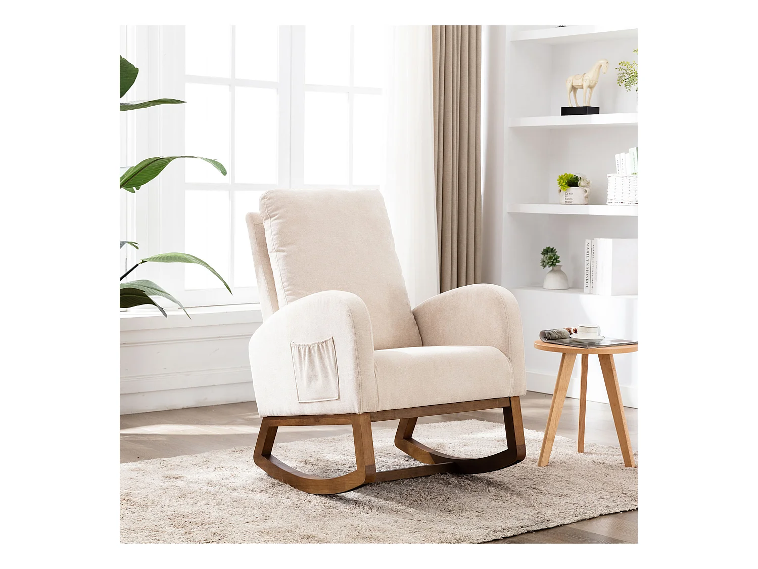 Fauteuil à bascule style Mid-Century, design moderne, tissu lin, beige, dossier haut rembourré (94x69x101 cm)