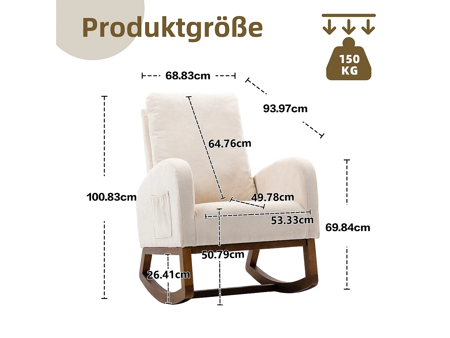 Schommelstoel in Mid-Century-stijl, modern design, linnen stof, beige, hoge gewatteerde rugleuning (94x69x101 cm)
