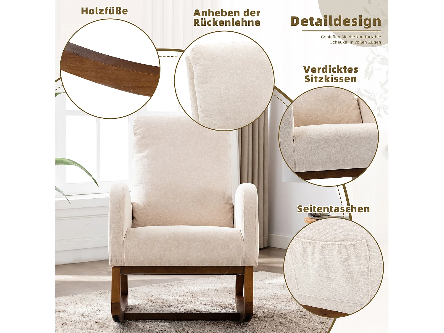 Schommelstoel in Mid-Century-stijl, modern design, linnen stof, beige, hoge gewatteerde rugleuning (94x69x101 cm)