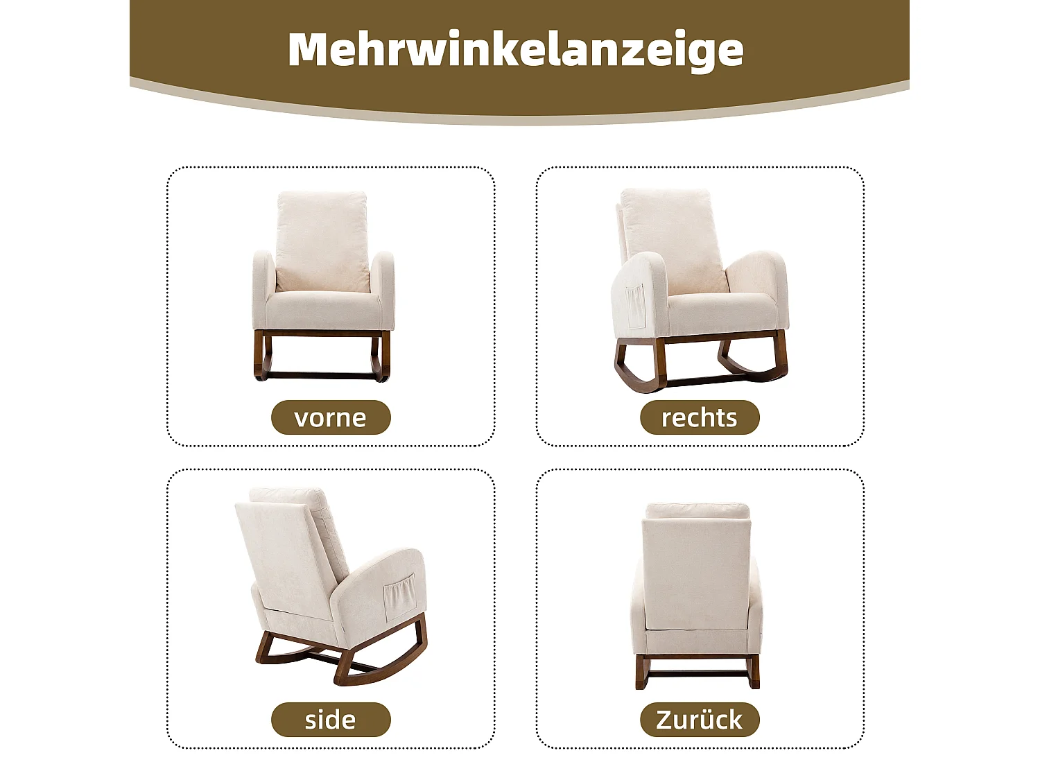 Schommelstoel in Mid-Century-stijl, modern design, linnen stof, beige, hoge gewatteerde rugleuning (94x69x101 cm)