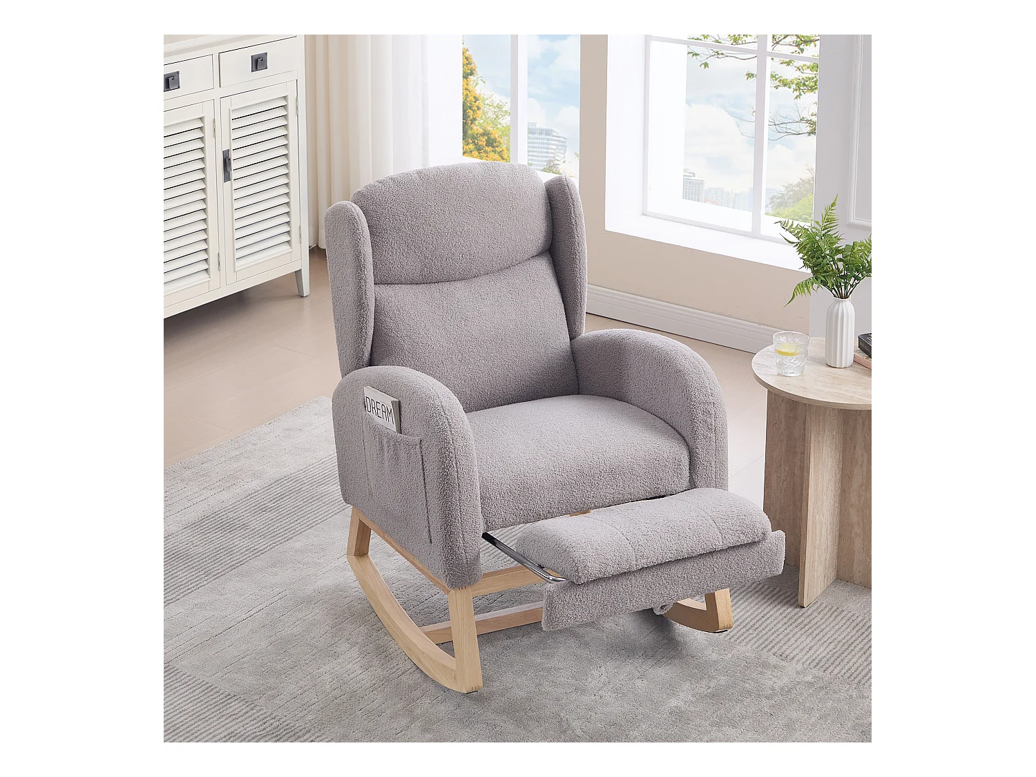Fauteuil à bascule en tissu teddy, design ergonomique avec repose-pieds réglable, cadre en bois, gris (122.5x70x104cm)