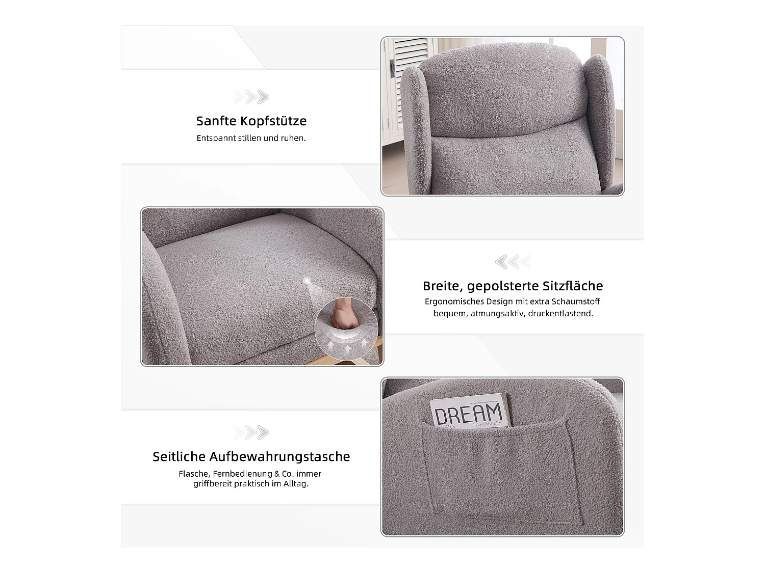 Fauteuil à bascule en tissu teddy, design ergonomique avec repose-pieds réglable, cadre en bois, gris (122.5x70x104cm)